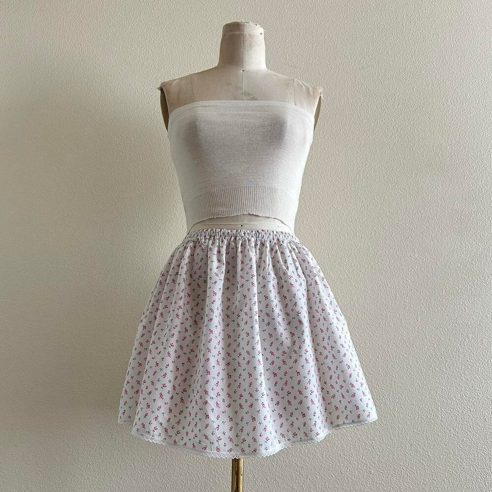 handmade white pink floral lace trim cotton mini skirt